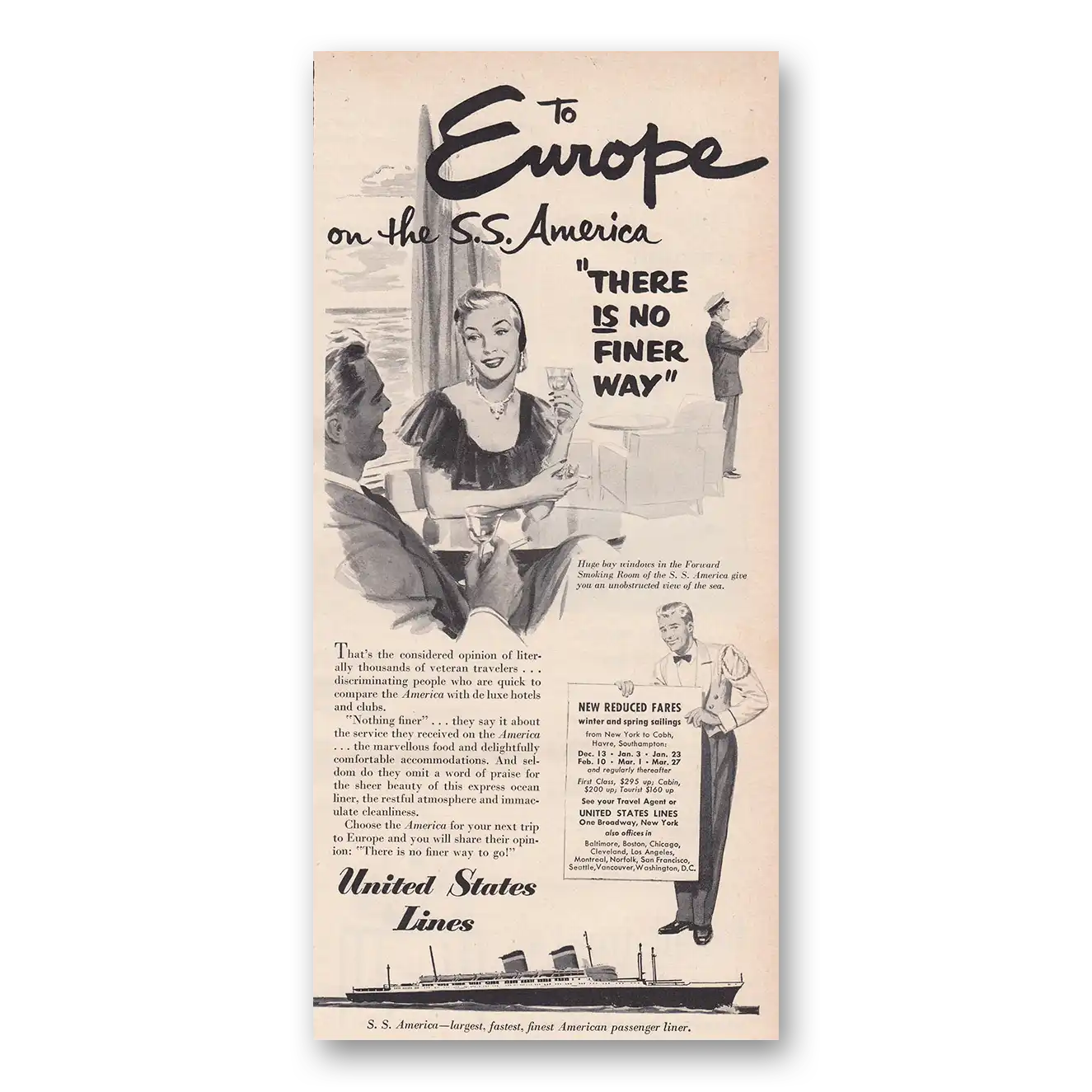 1950 United States Lines Print Ad | Ss America