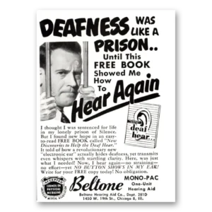 1951 Beltone Hearing Aid Print Ad | Deafness Was Likeprison