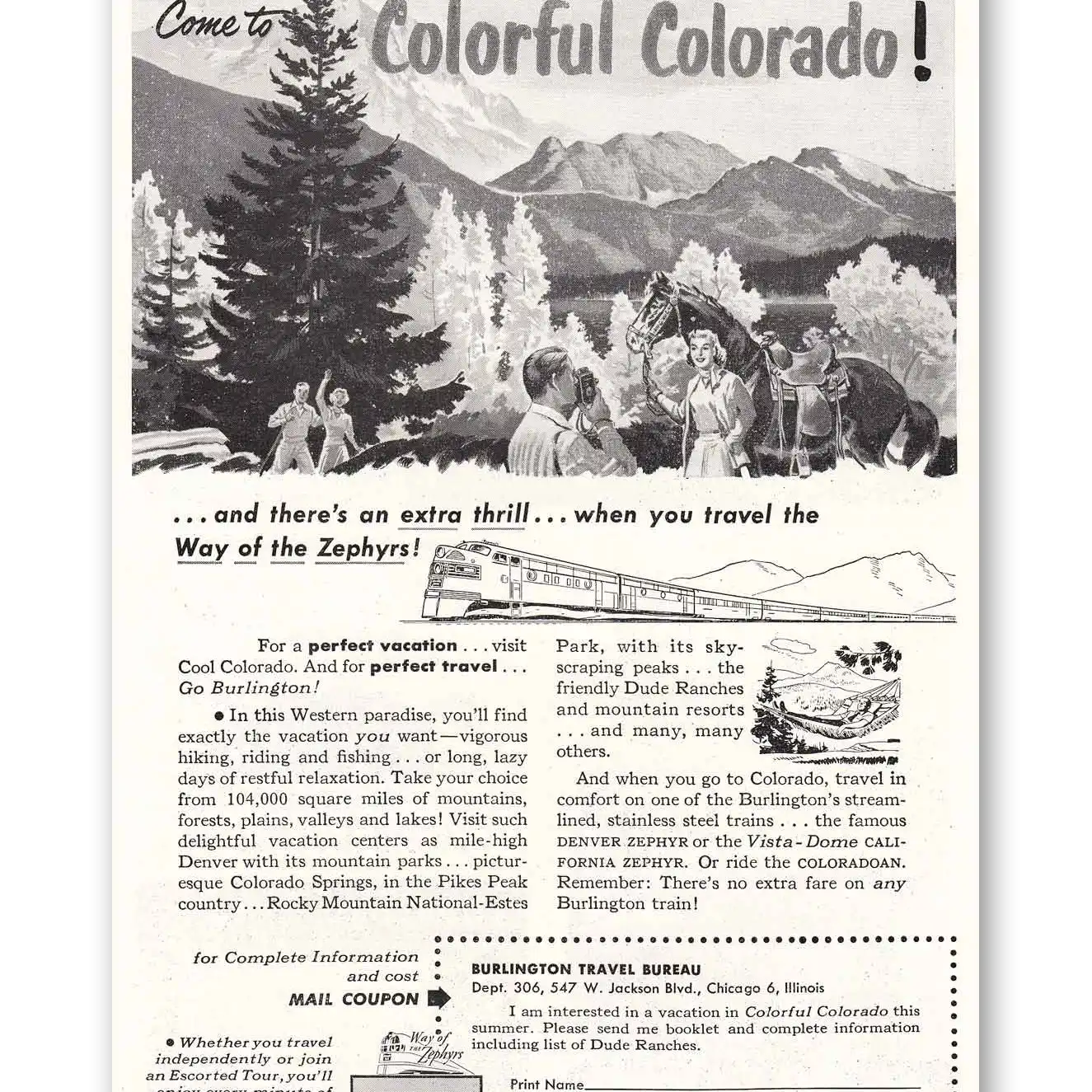 1951 Burlington Route Print Ad | Colorful Colorado
