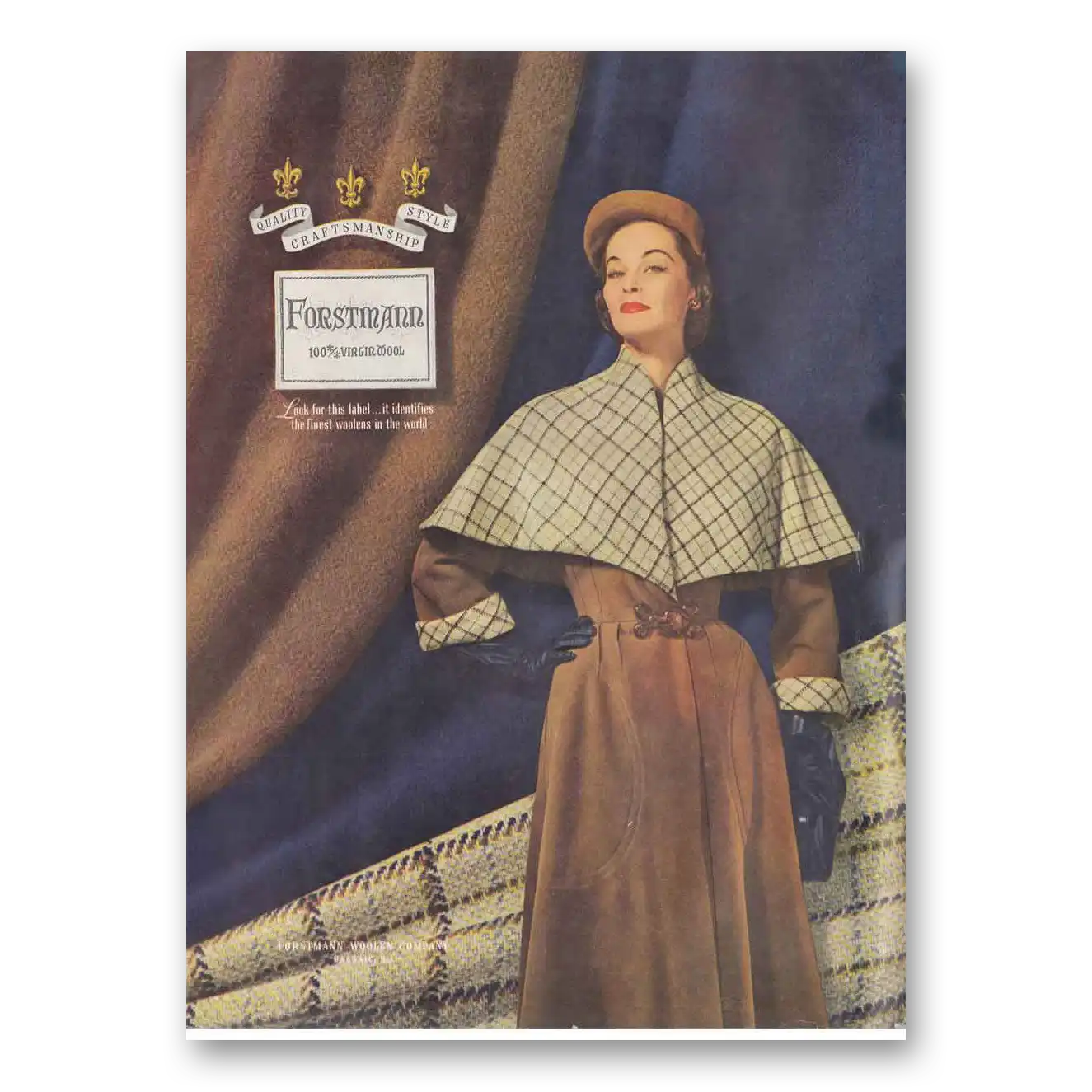 1951 Forstmann Wool Print Ad | Caped Coat