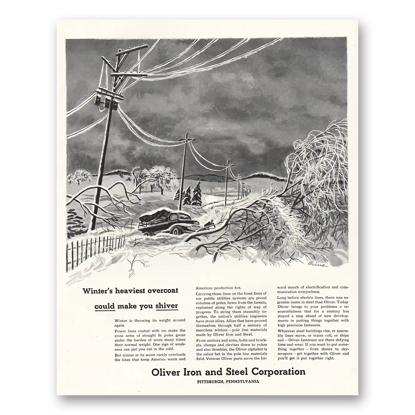 1951 Oliver Iron and Steel Print Ad | Heaviest Overcoat
