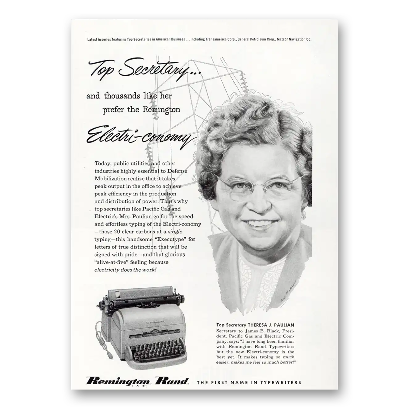 1951 Remington Typewriter Print Ad | Top Secretary