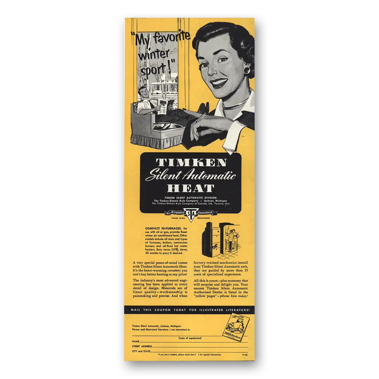 1951 Timken Silent Automatic Oil Heat Print Ad | My Favorite Winter Sport