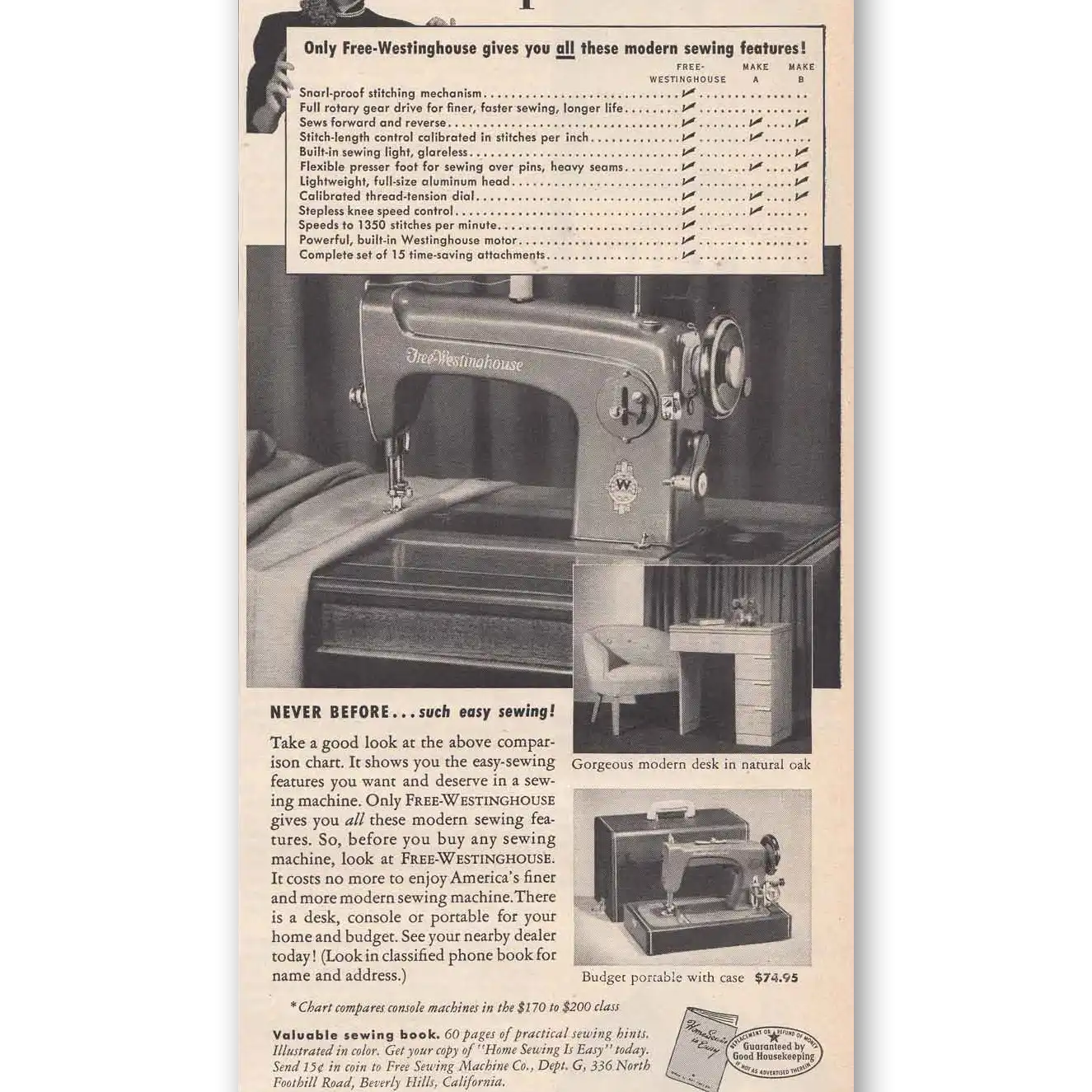1951 Free Westinghouse Sewing Machine Print Ad | Compare All