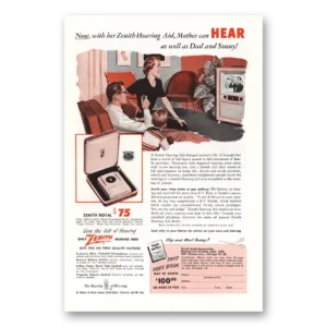 1951 Zenith Hearing Aid Print Ad | Mother Can Hear As Well As Dad Sonny