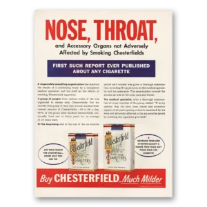 1952 Chesterfield Cigarettes Print Ad | Nose Throat Not Affected