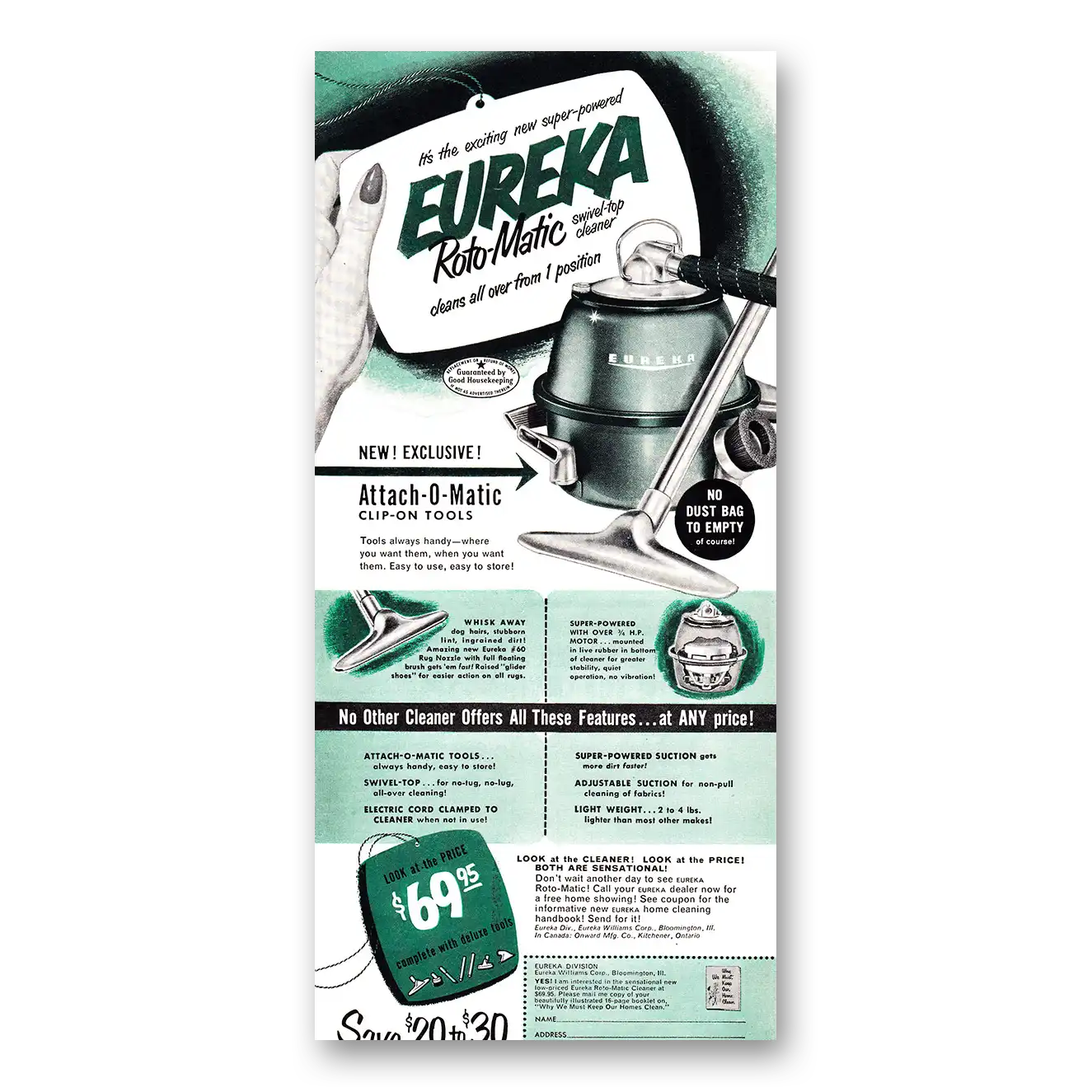 1952 Eureka Roto Matic Vacuum Cleaner Print Ad | Attach O Matic