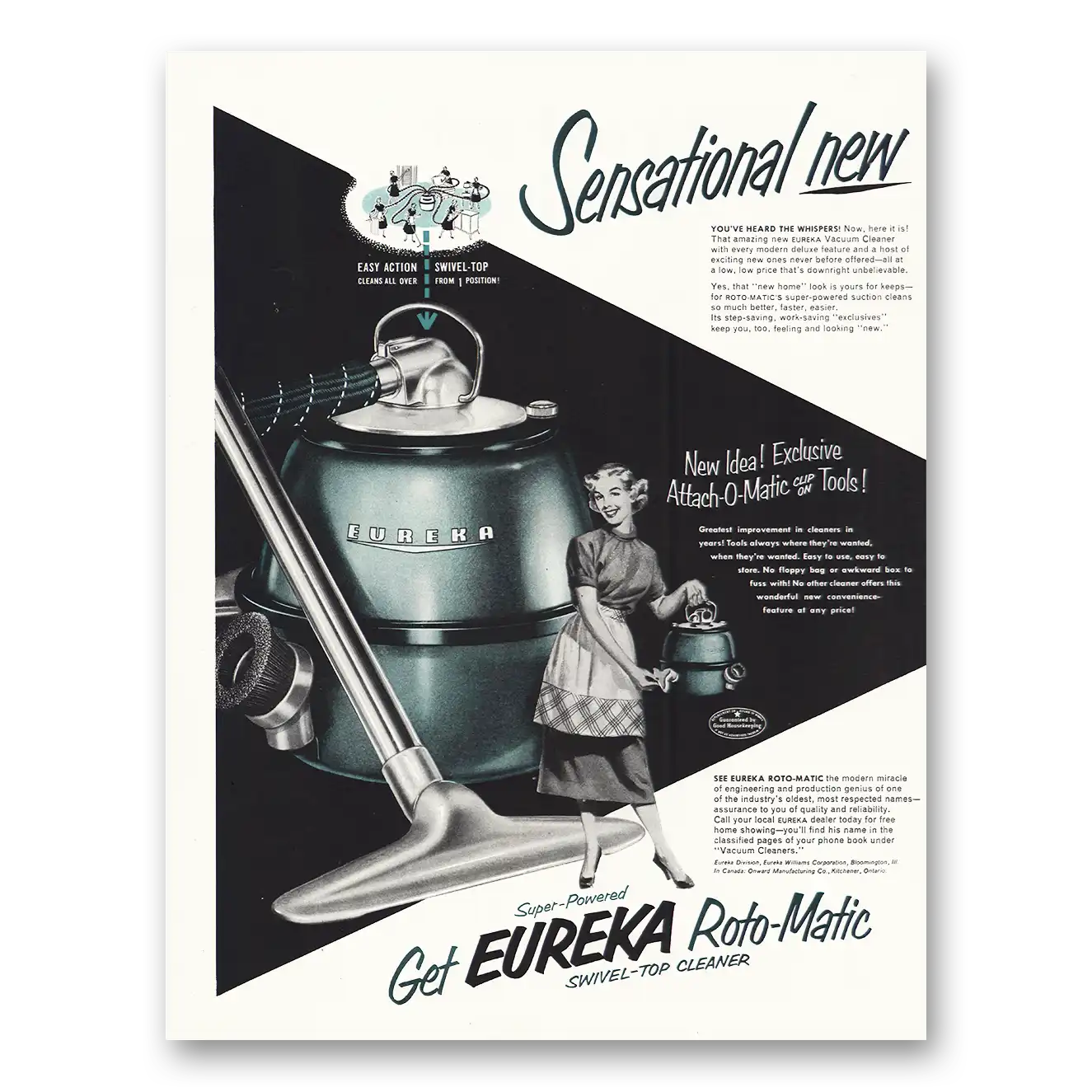 1952 Eureka Roto Matic Vacuum Cleaner Print Ad | Cleaner Swivel Top
