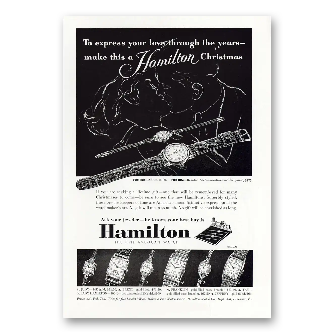 1952 Hamilton Watch Print Ad | Christmas