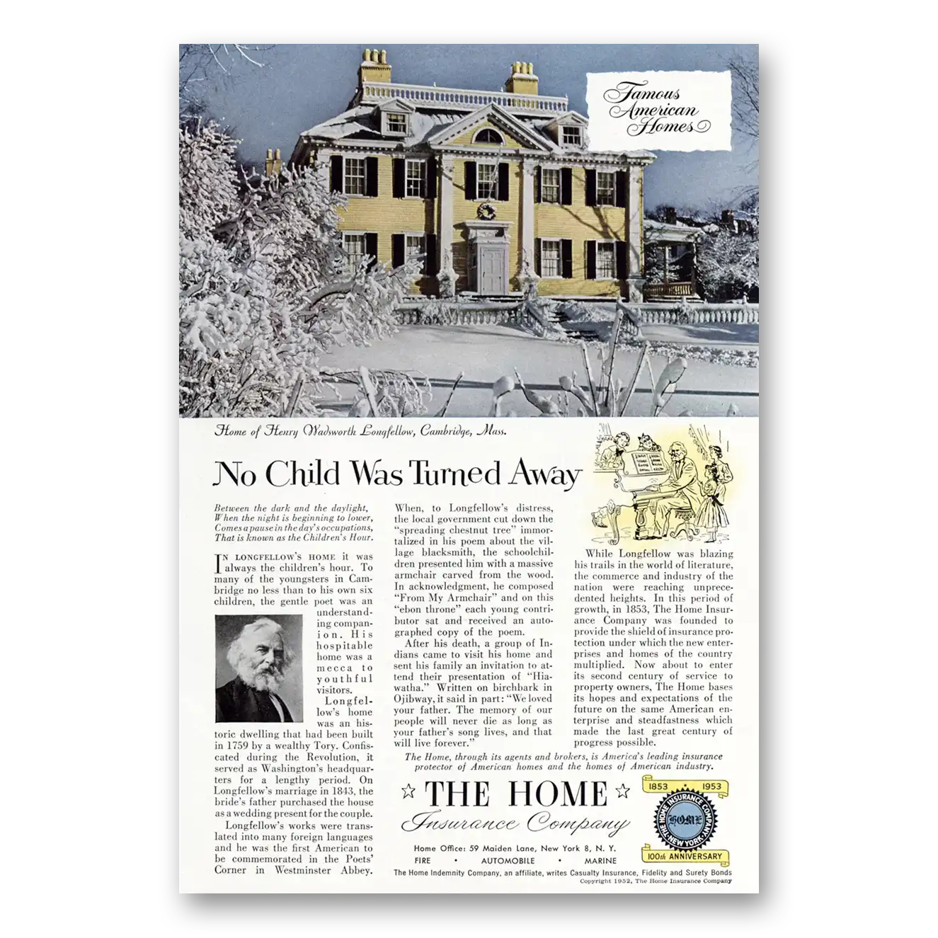 1952 Home Insurance Print Ad | Henry Wadsworth Longfellow