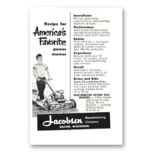 1952 Jacobsen Mowers Print Ad | Recipe For America's Favorite Power Mower