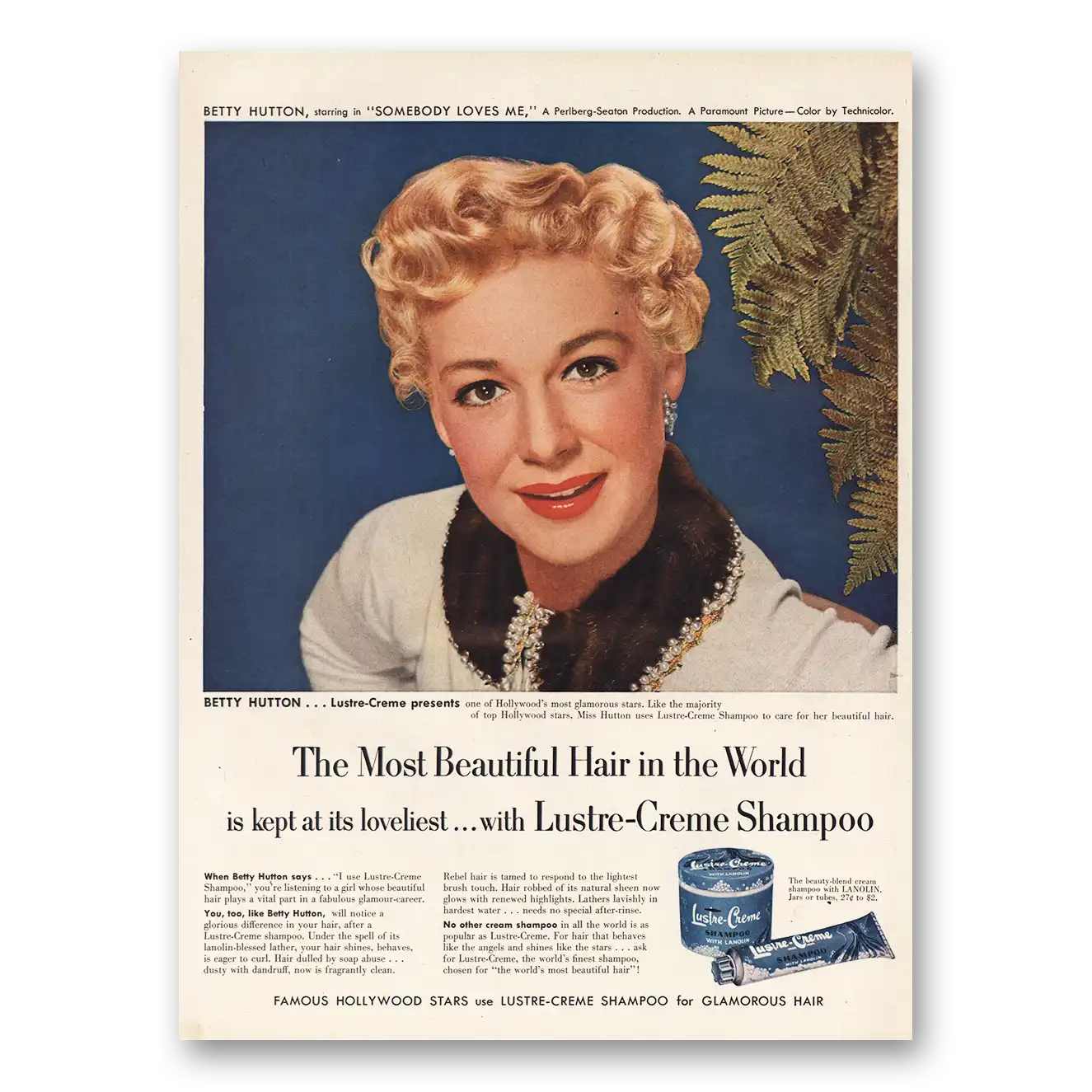1952 Lustre Creme Shampoo Print Ad | Betty Hutton