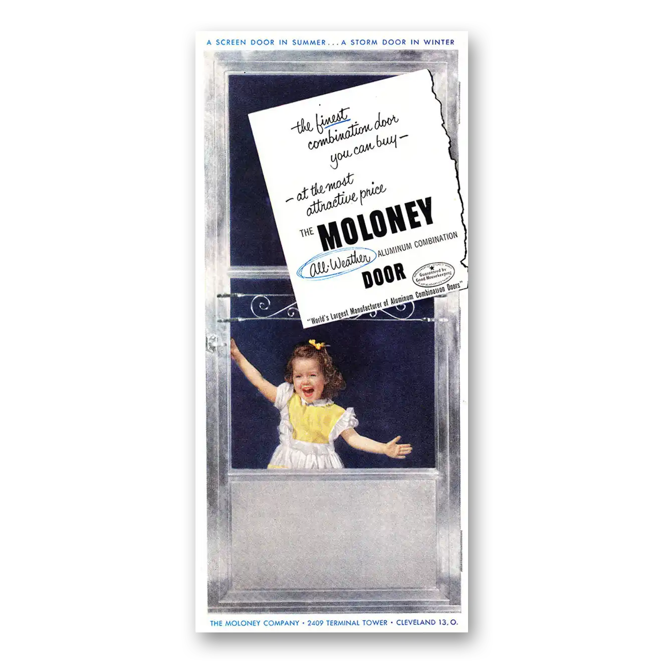 1952 Moloney All Weather Door Print Ad | Finest Combination Door