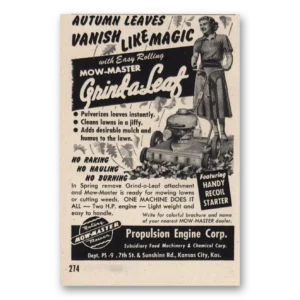 1952 Mow Master Grind Leaf Print Ad | Autumn Leaves Vanish