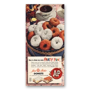 1952 Jane Parker Donuts Print Ad | Drum Up Party Fun