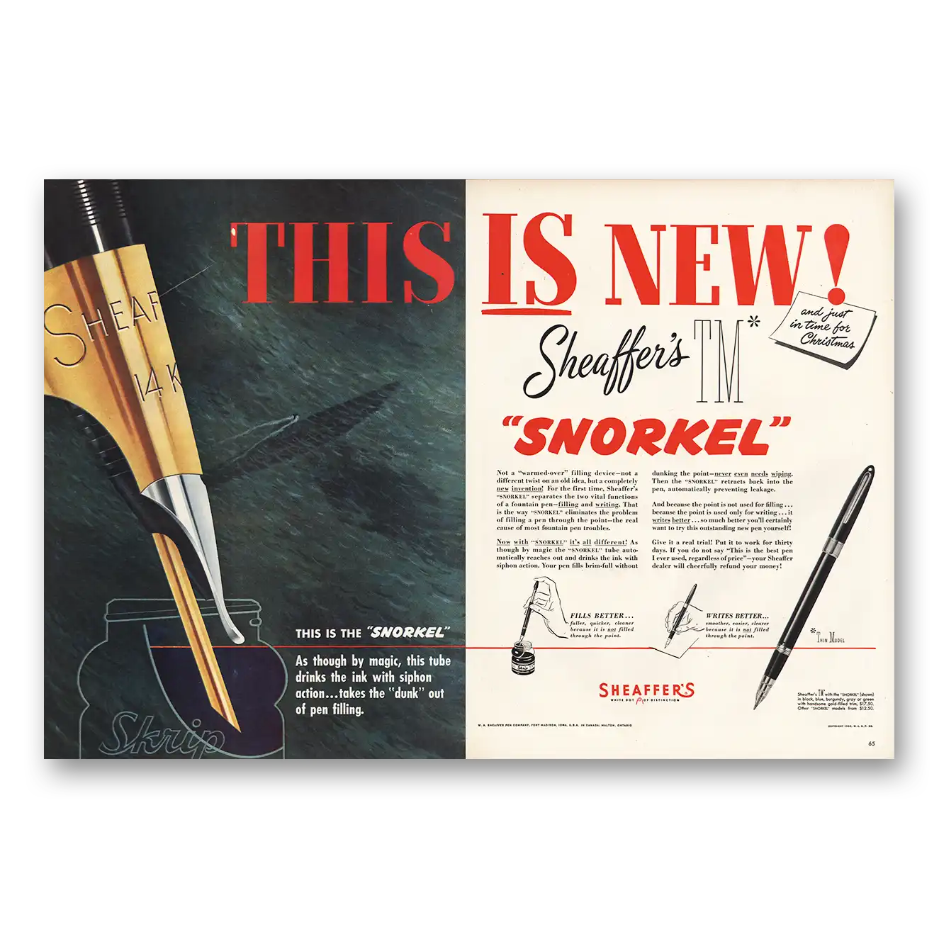 1952 Sheaffer Pen Print Ad | Snorkel