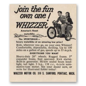 1952 Whizzer Motorbike Print Ad | Join The Fun