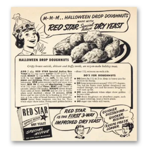 1952 Red Star Yeast Print Ad | Halloween Drop Doughnuts