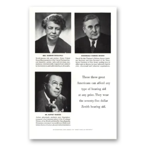 1952 Zenith Hearing Aid Print Ad | Eleanor Roosevelt
