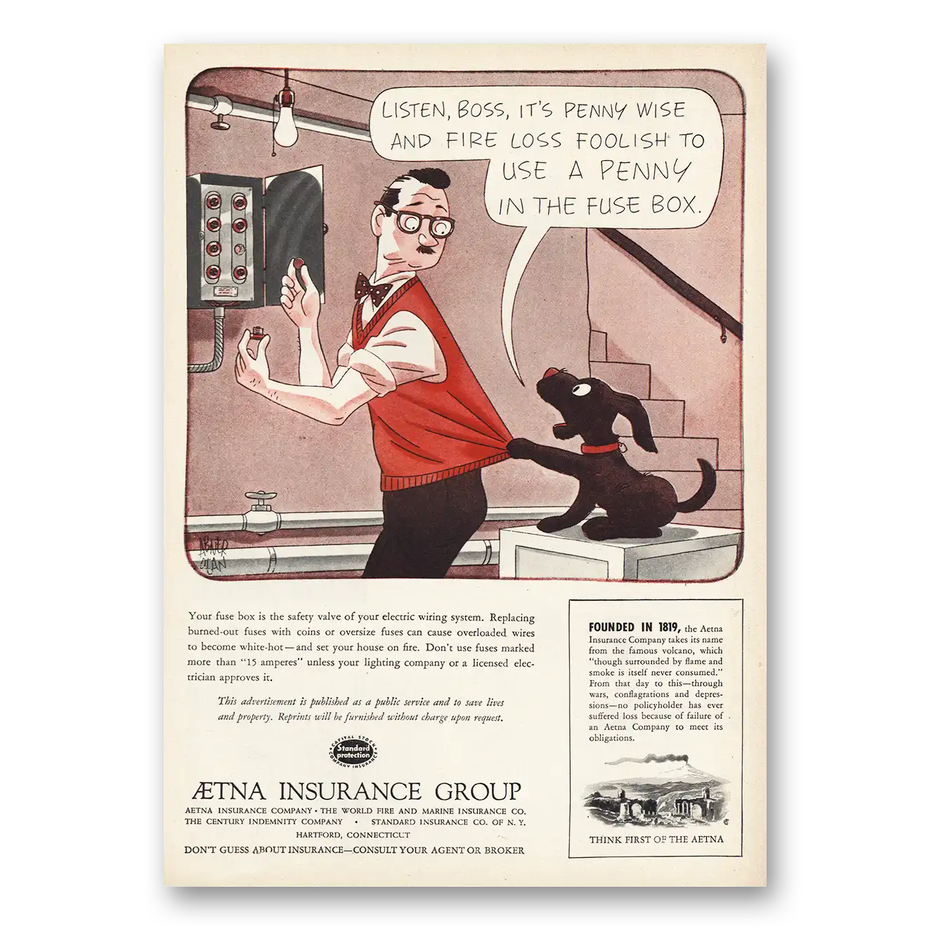 1953 Aetna Insurance Print Ad | Listen Boss Its Penny Wise