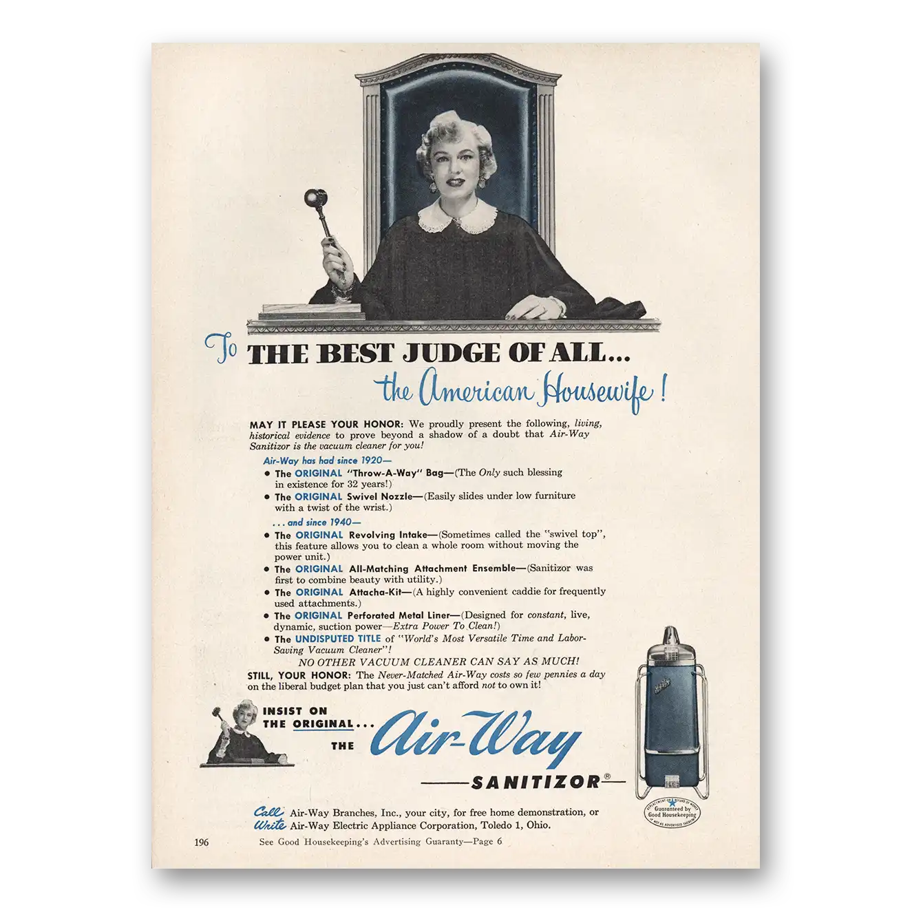 1953 Air Way Sanitizor Print Ad | Best Judge