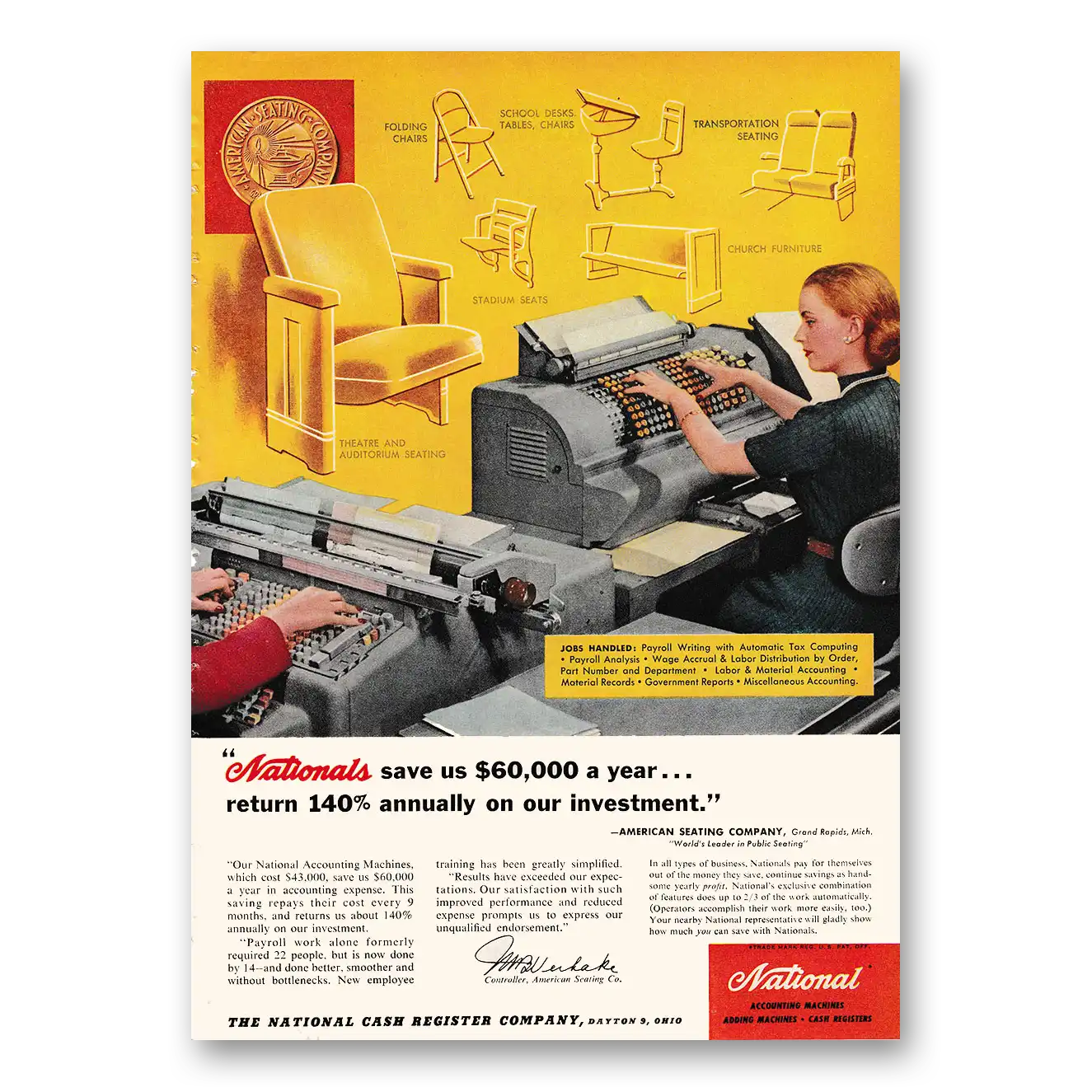 1953 National Cash Register Print Ad | American Seating