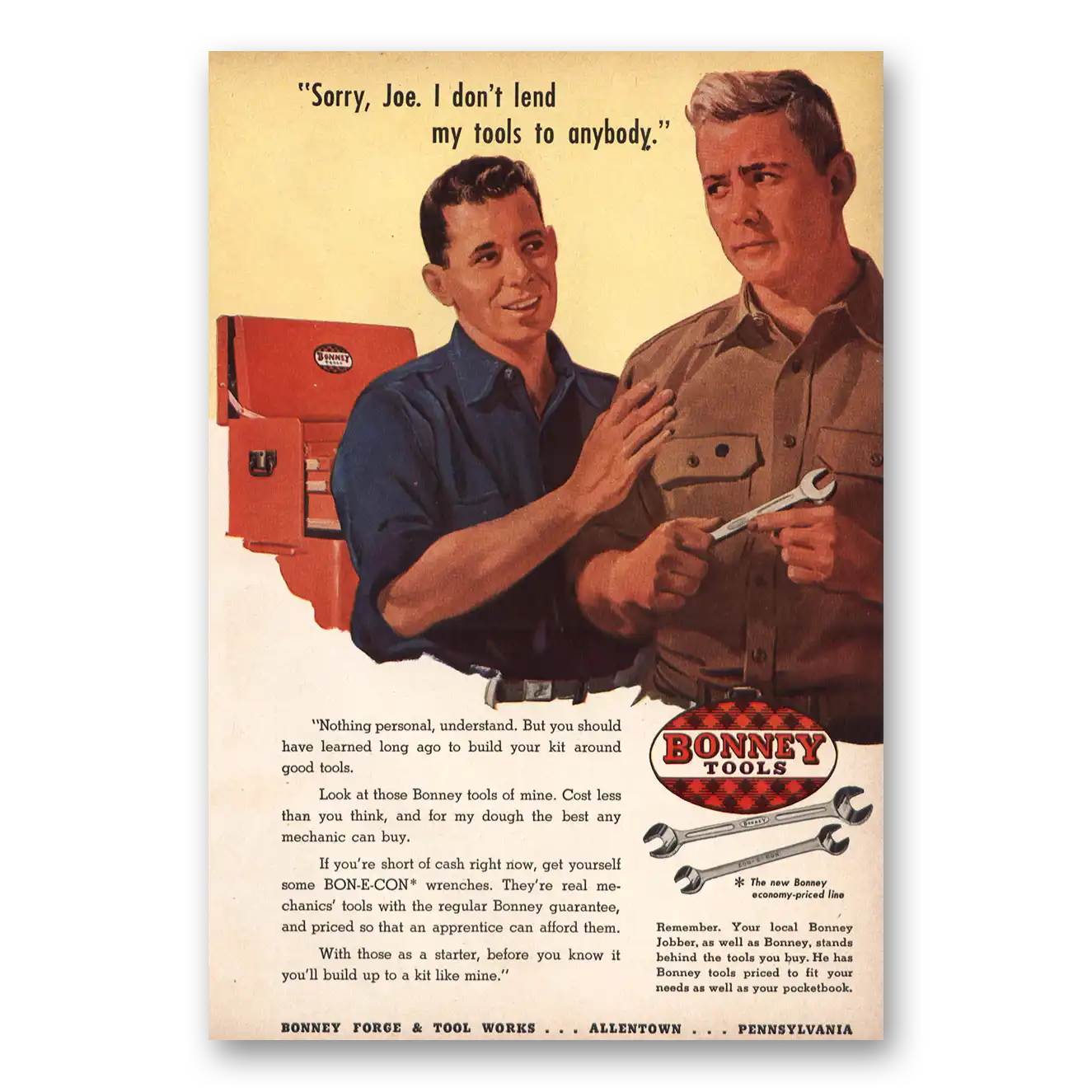 1953 Bonney Tools Print Ad | Sorry Joe