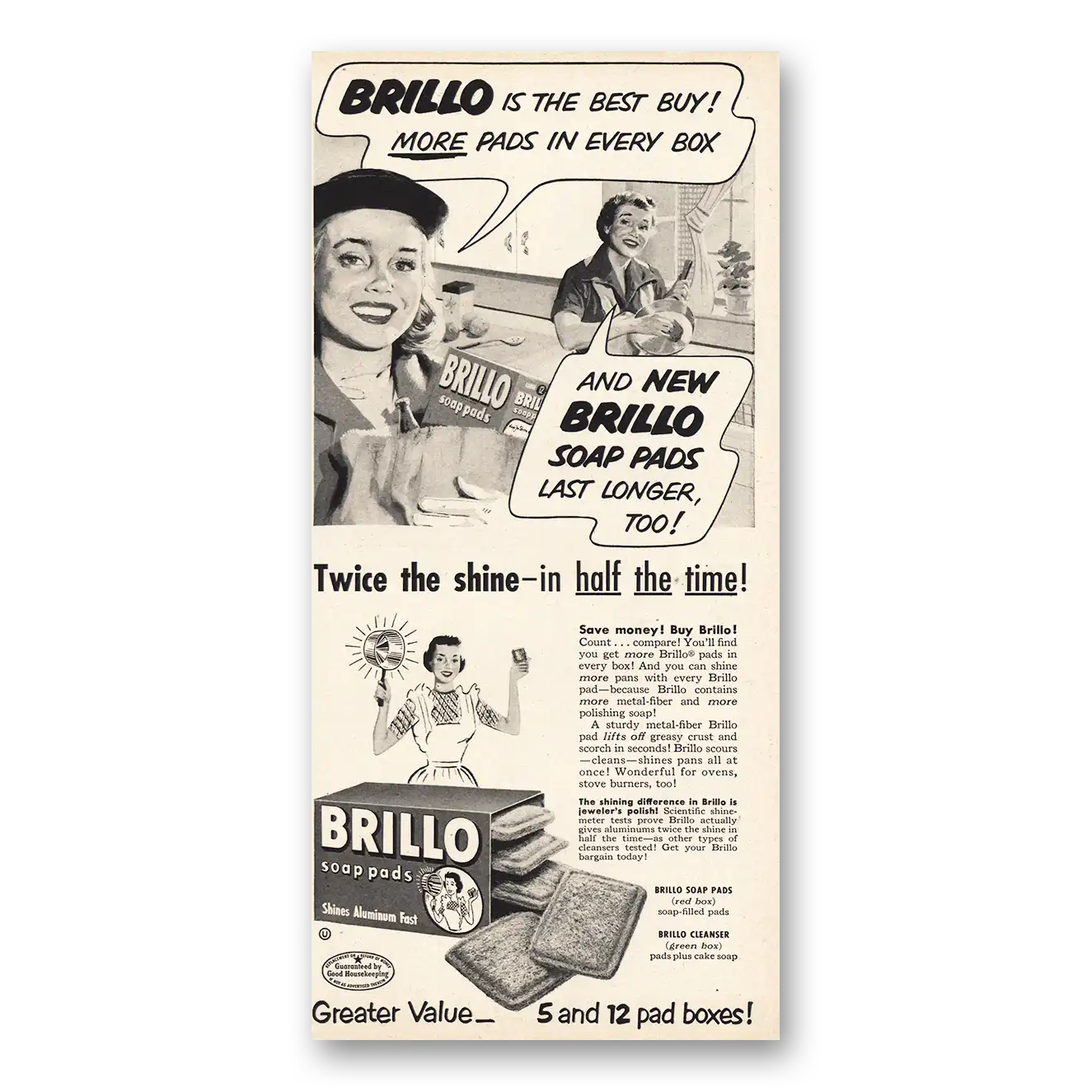 1953 Brillo Soap Pads Print Ad | Twice Shine Half Time