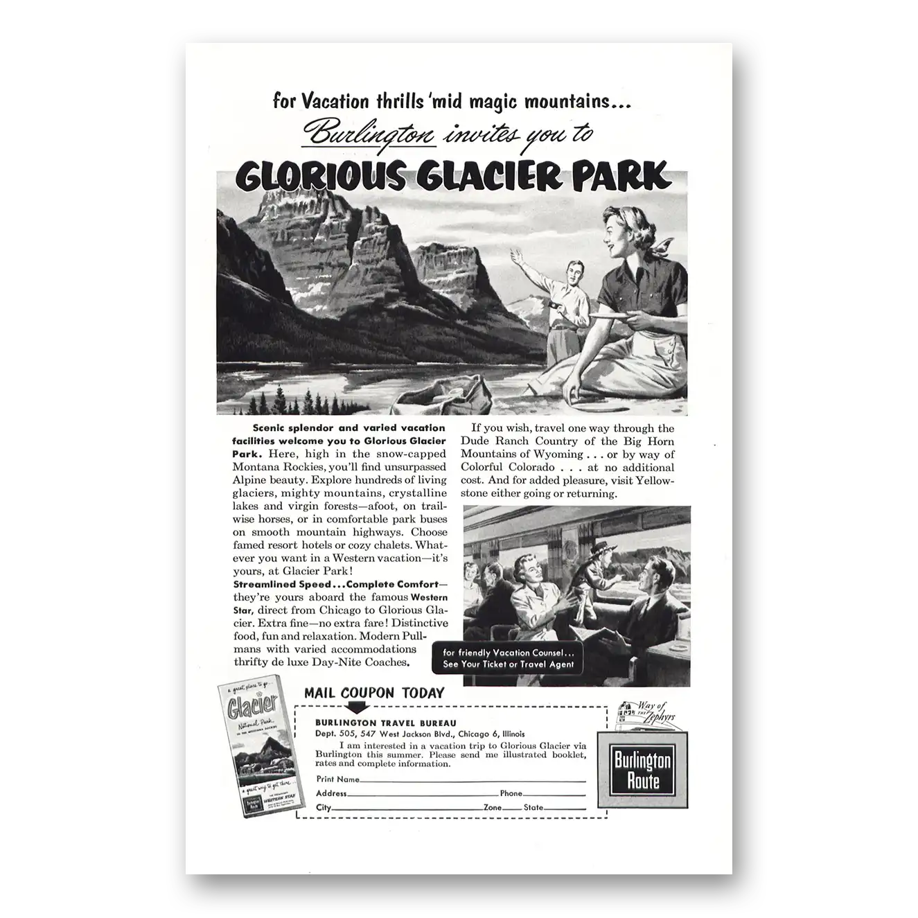 1953 Burlington Route Print Ad | Glacier Park