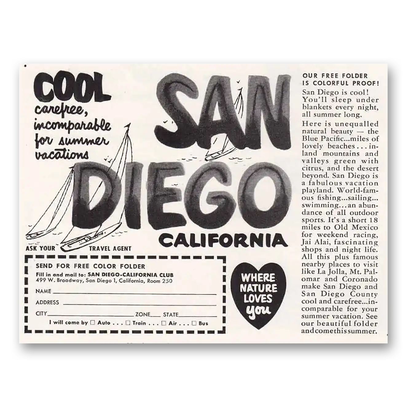 1953 San Diego California Print Ad | Cool Carefree