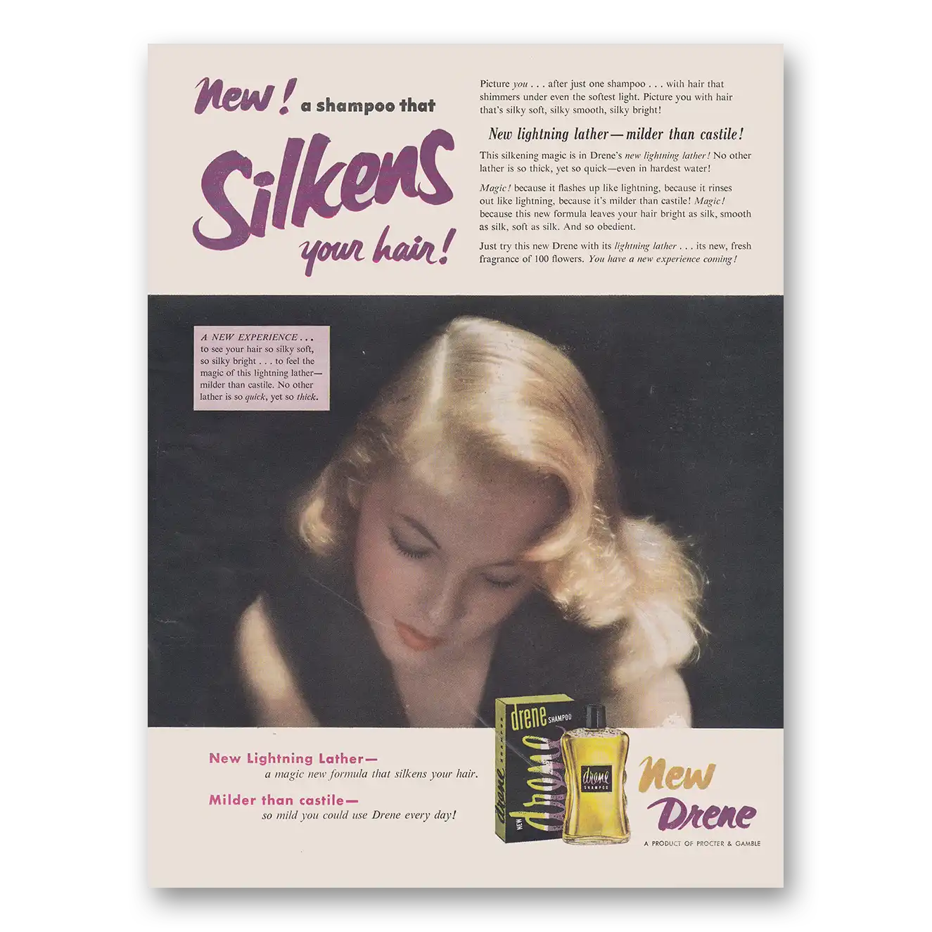 1953 Drene Shampoo Print Ad | Silkens Hair