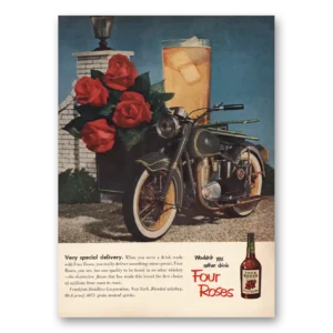 1953 Four Roses Print Ad | Special Delivery Motorcycle