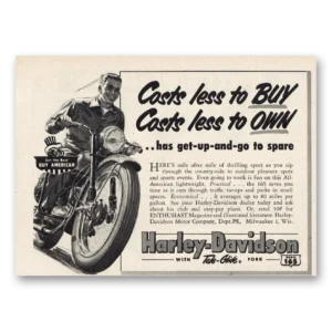 1953 Harley Davidson 165 Print Ad | Costs Less
