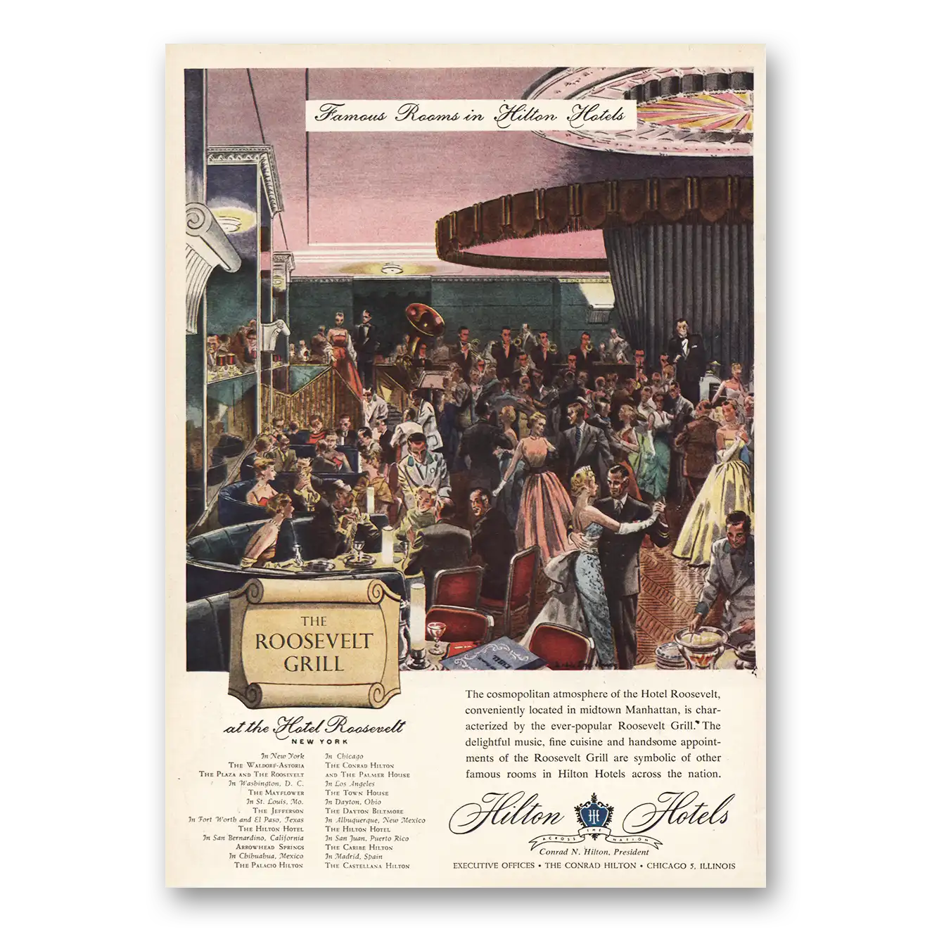 1953 Hilton Hotels Print Ad | Roosevelt Grill