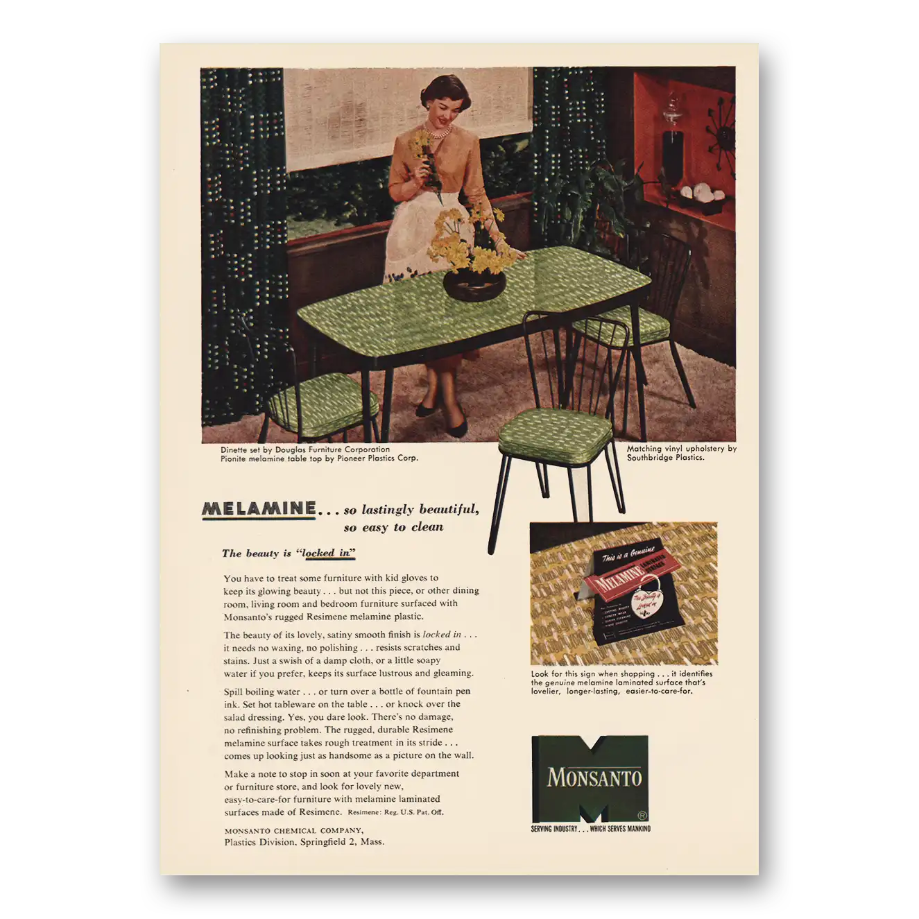 1953 Monsanto Print Ad | Melamine Lastingly Beautiful
