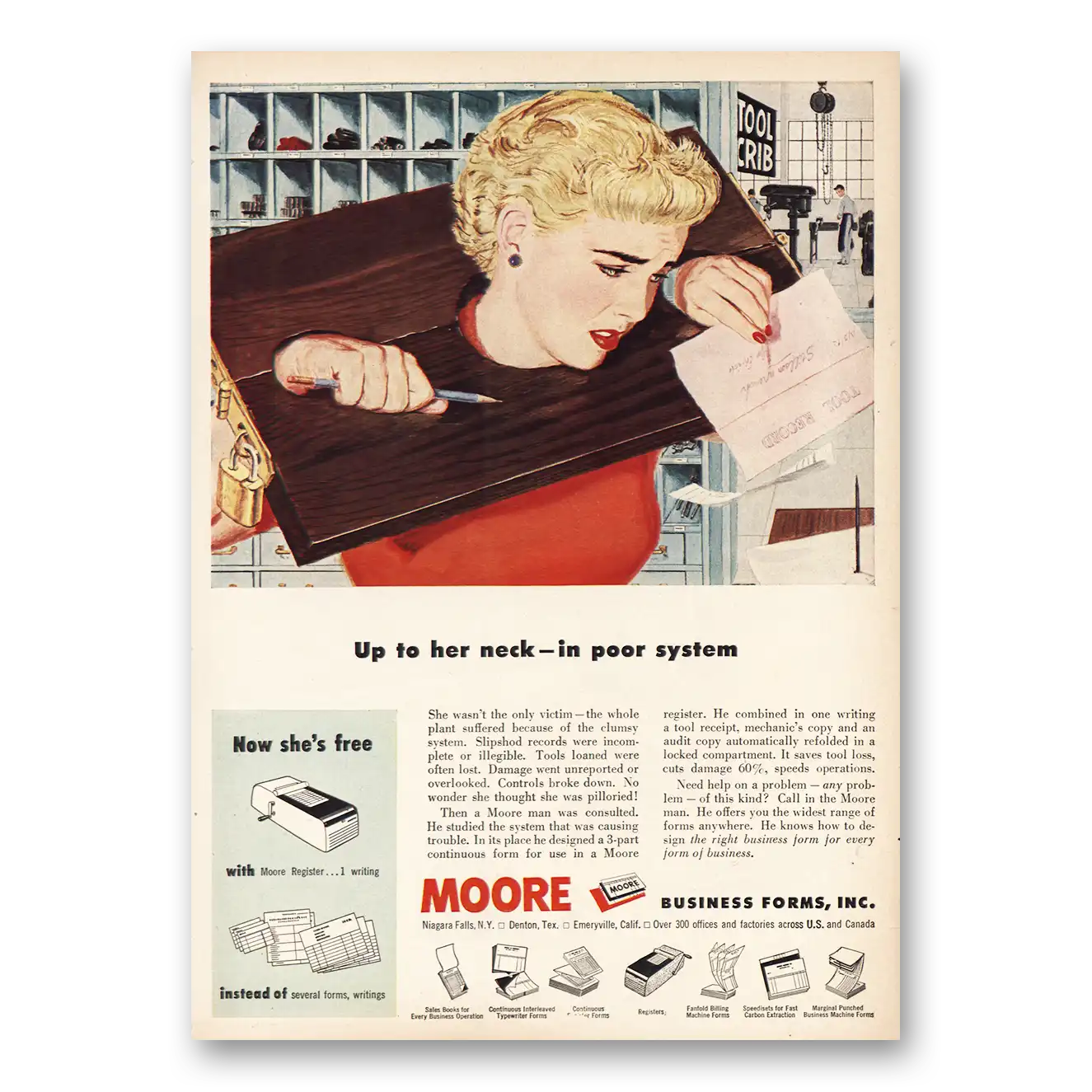 1953 Moore Business Forms Print Ad | Up To Her Neck
