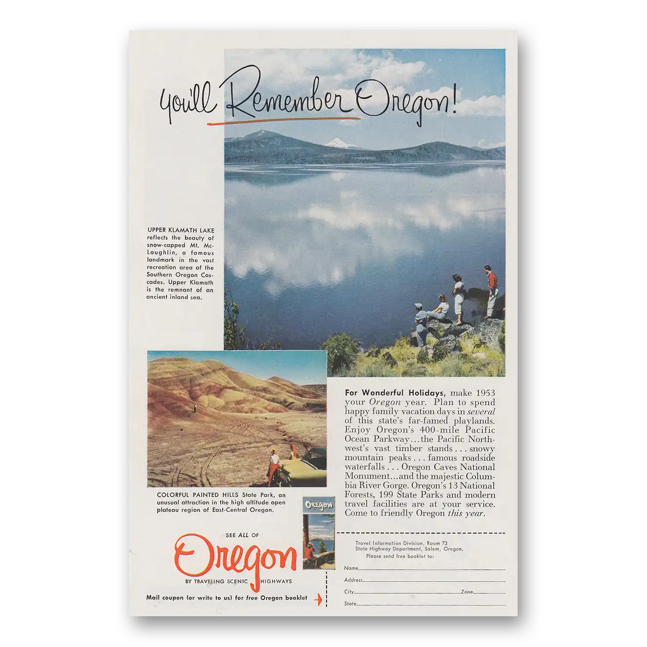 1953 Oregon Print Ad | Klamath Lake