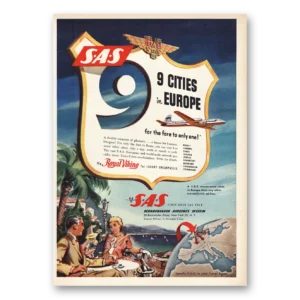 1953 SAS Scandinavian Airlines Print Ad | 9 Cities Europe