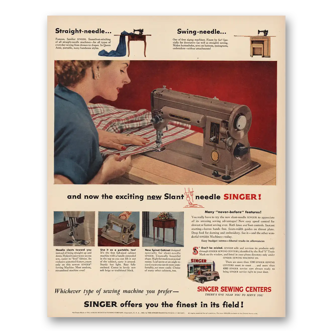 1953 Singer Sewing Machine Print Ad | Swing Needle