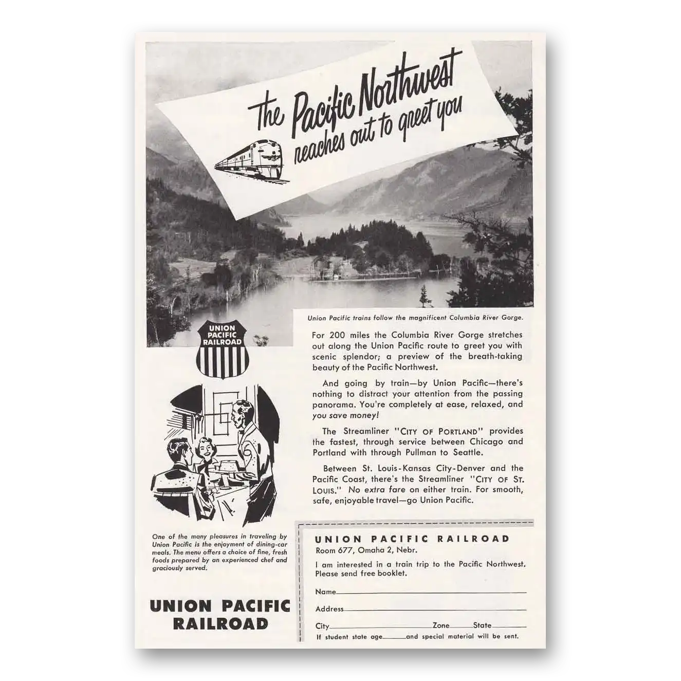1953 Union Pacific Railroad Print Ad | Columbia River