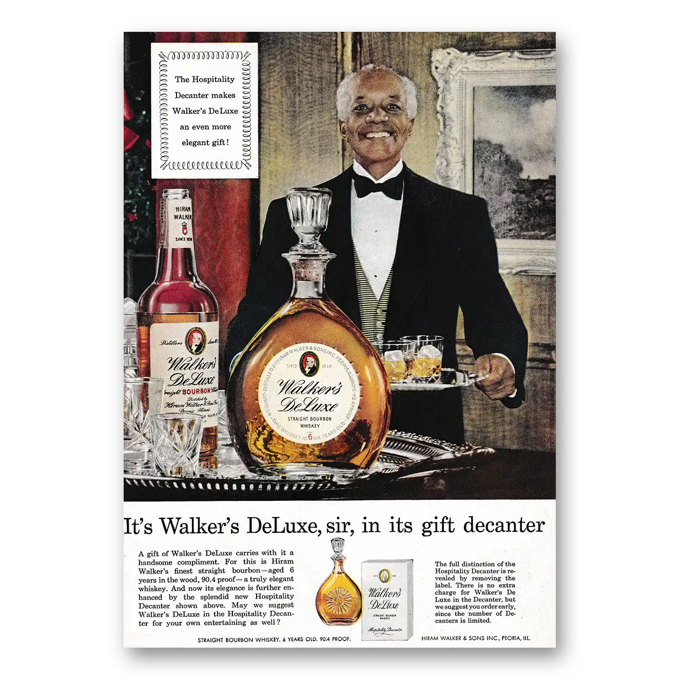 1953 Walkers DeLuxe Bourbon Whiskey Print Ad | Gift Decanter