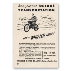 1953 Whizzer Motorbike Print Ad | Deluxe Transportation