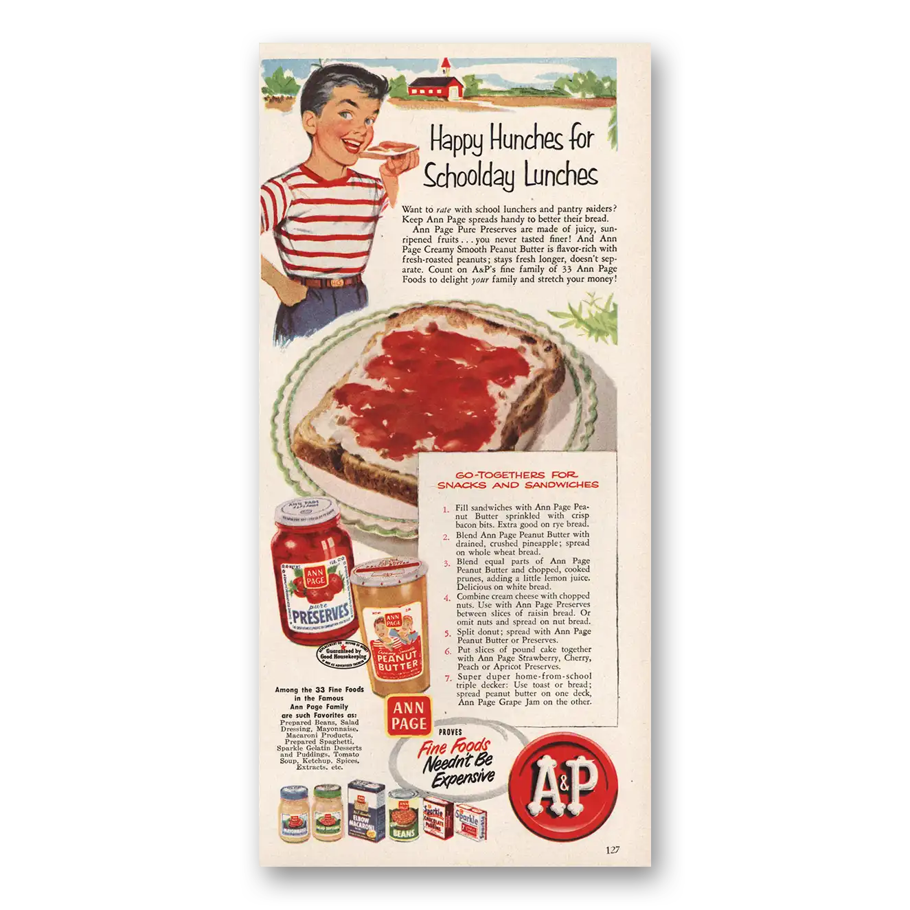 1954 A&P Print Ad | Happy Hunches Schoolday Lunches