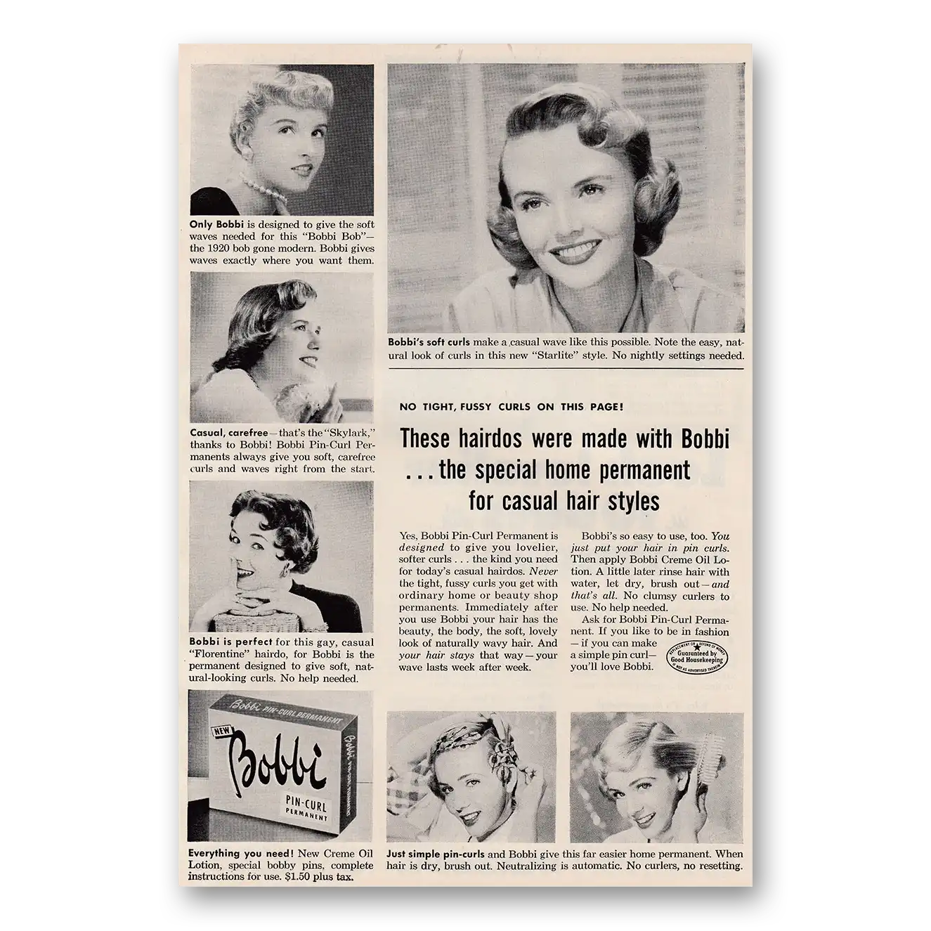 1954 Bobbi Pin Curl Permanent Print Ad | Fussy Curls