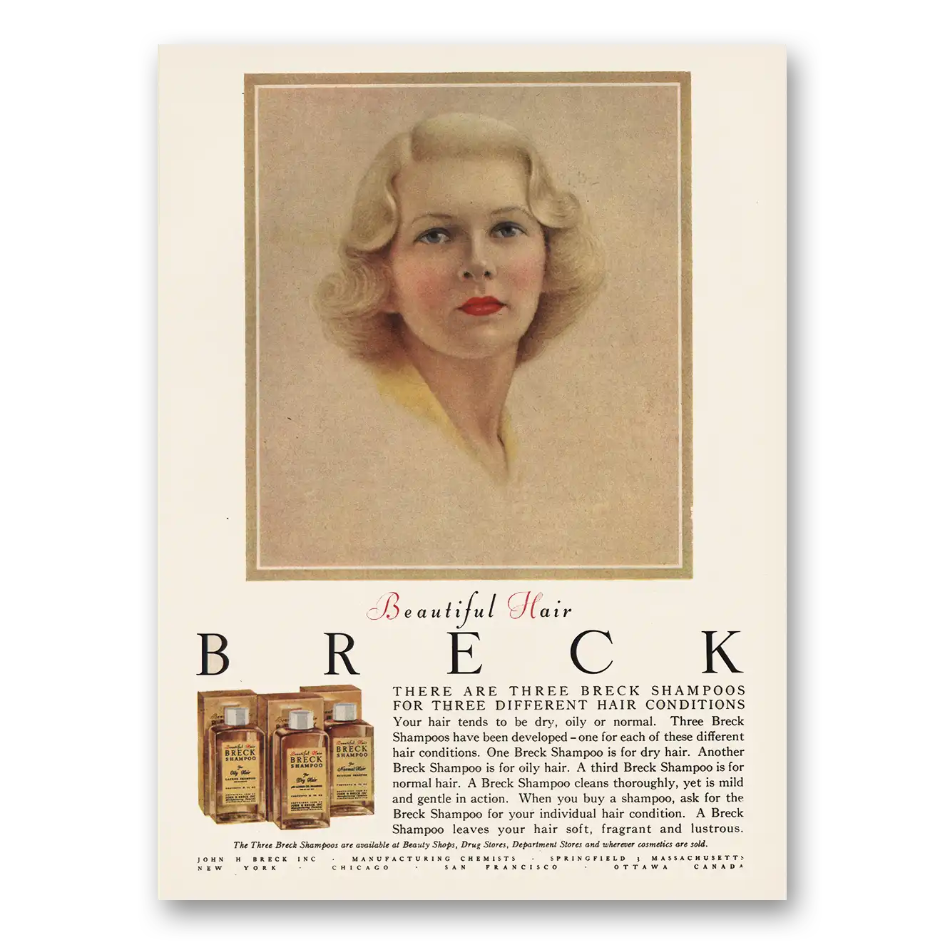 1954 Breck Shampoo Print Ad | Three Breck Shampoos
