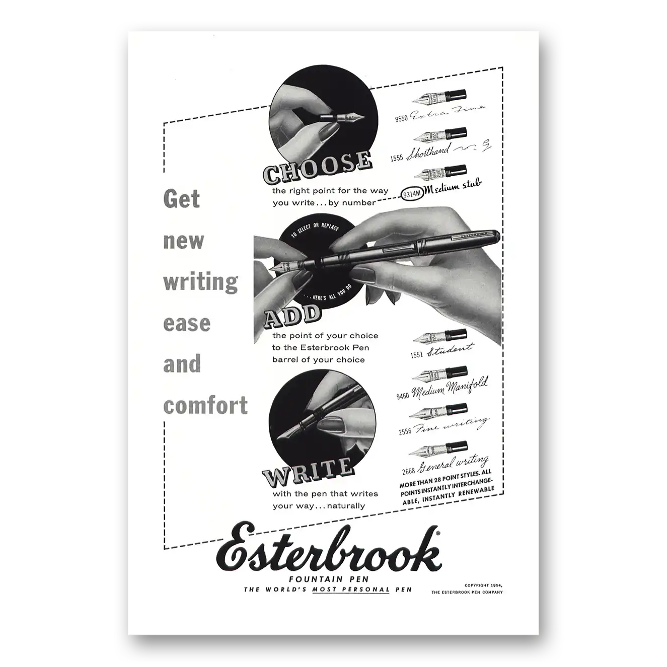 1954 Esterbrook Fountain Pen Print Ad | Writing Ease