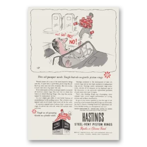 1954 Hastings Steel-Vent Piston Rings Print Ad | Oil Pumper