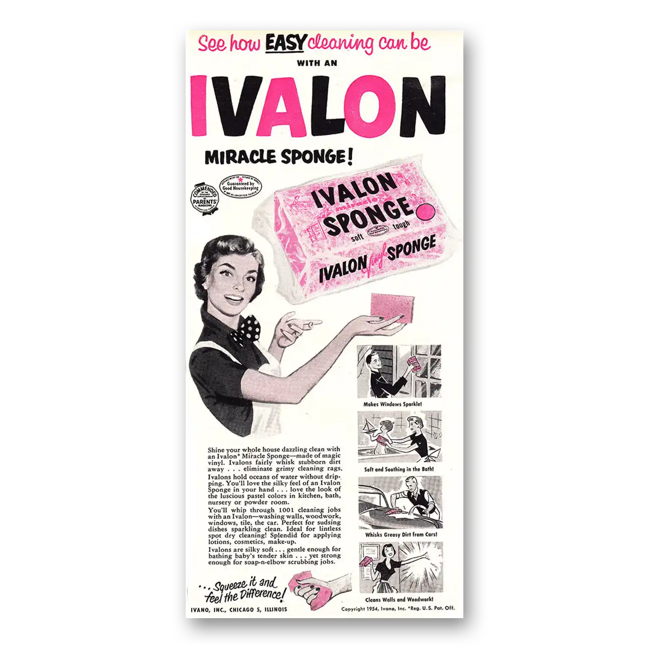 1954 Ivalon Sponge Print Ad | Easy Cleaning