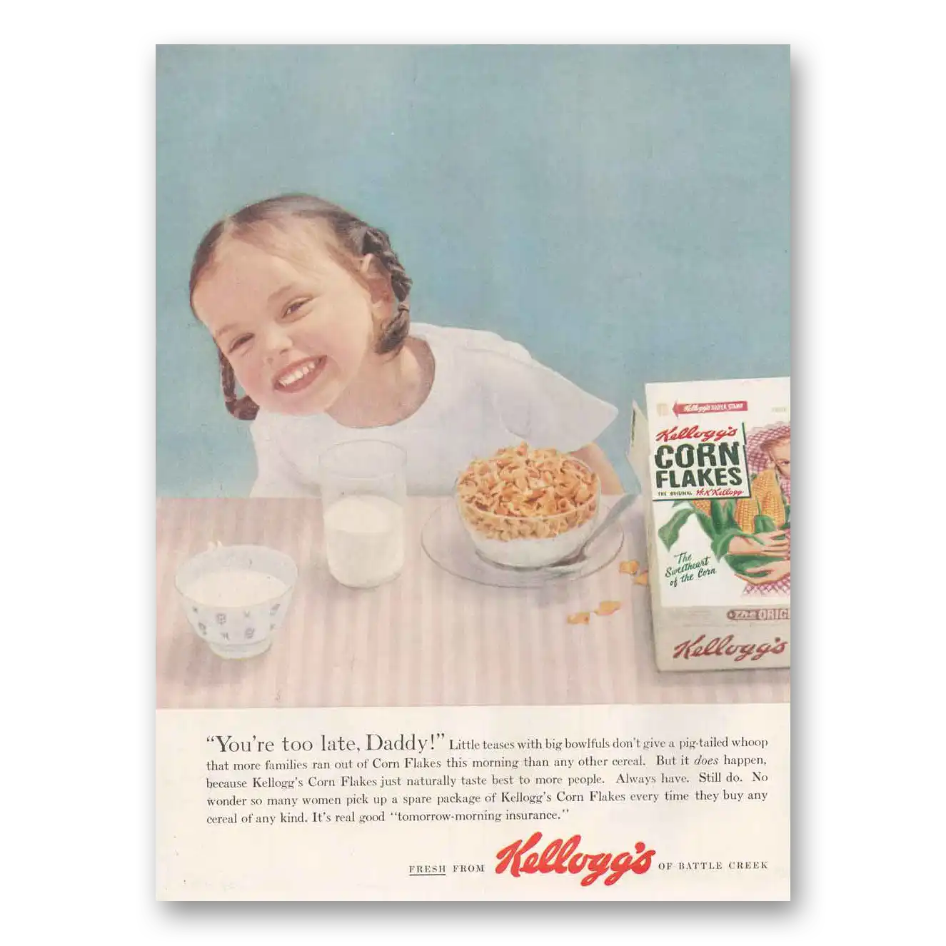 1954 Kelloggs Corn Flakes Print Ad | Too Late Daddy