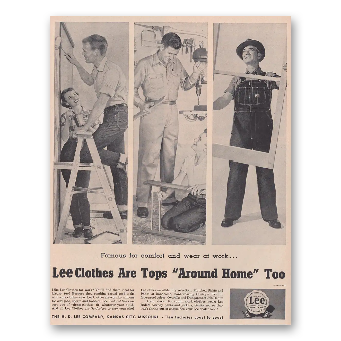 1954 Lee Work Clothes Print Ad | Clothes Tops